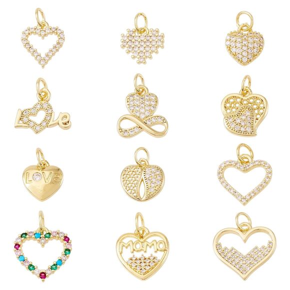 Jewelry - 6329 12Pcs Brass 18K Gold Plated Heart Charms Cubic Zirconia Crystal Charms